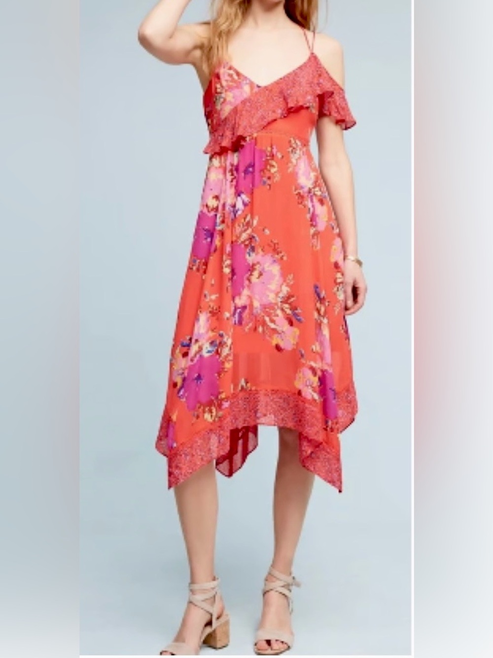 Maeve Grecia Dress Fairy Floral Ruffles Strappy Scarf Hem SZ 8 Silky Flowy - Picture 5 of 10